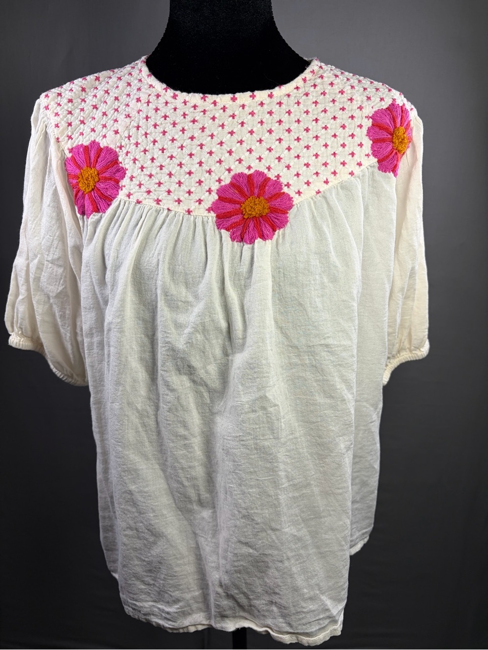 THML Ivory Peasant Top with Pink & Gold Floral Embroidery